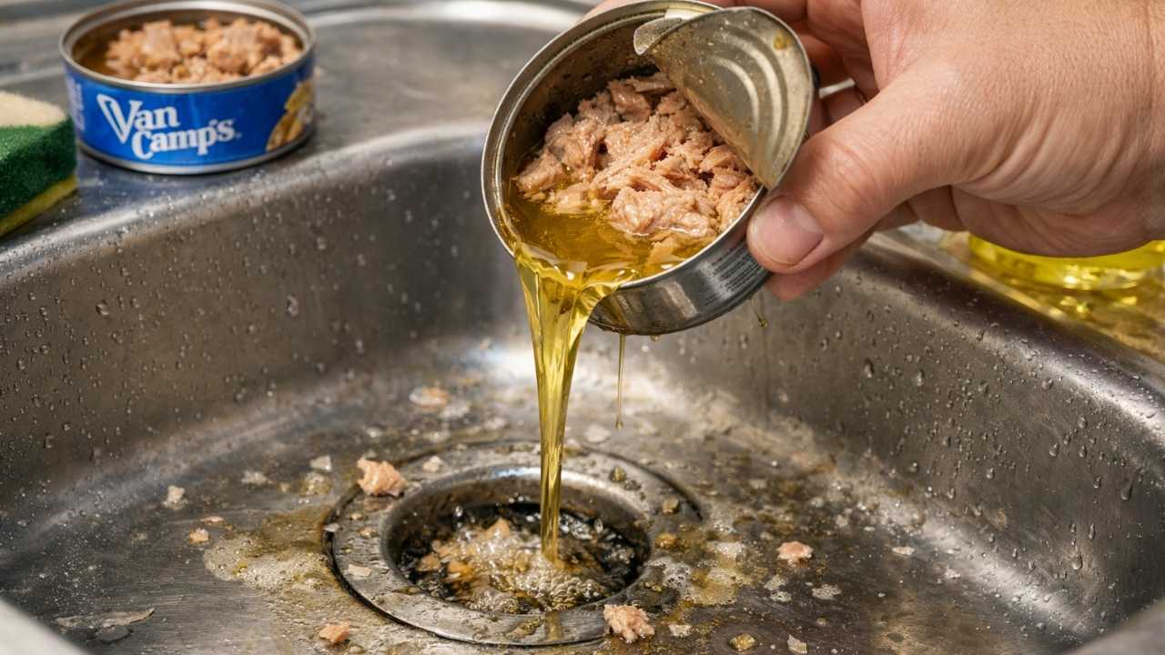 Escurrir aceite de atún Van Camps en el fregadero obstruye las tuberías